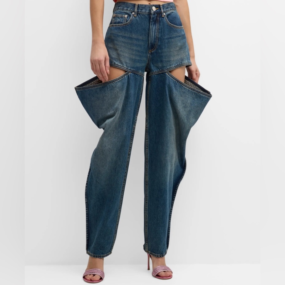 AREA Crystal Embellished Front Slit Jean in color Vintage Indigo, brand new.